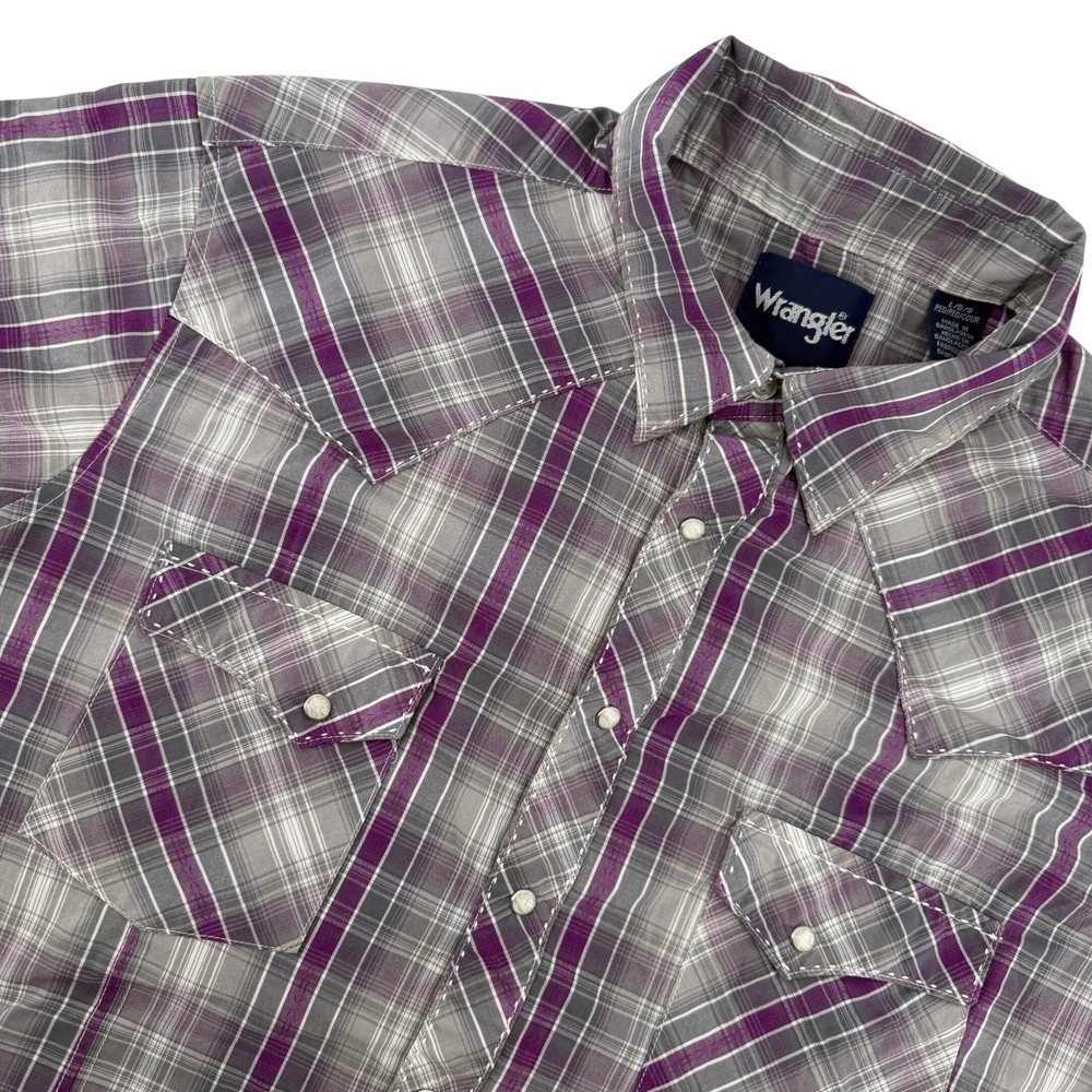Wrangler Mens L Plaid Short Sleeve Pearl Snap Front Western Shirt Purple Cowboy
